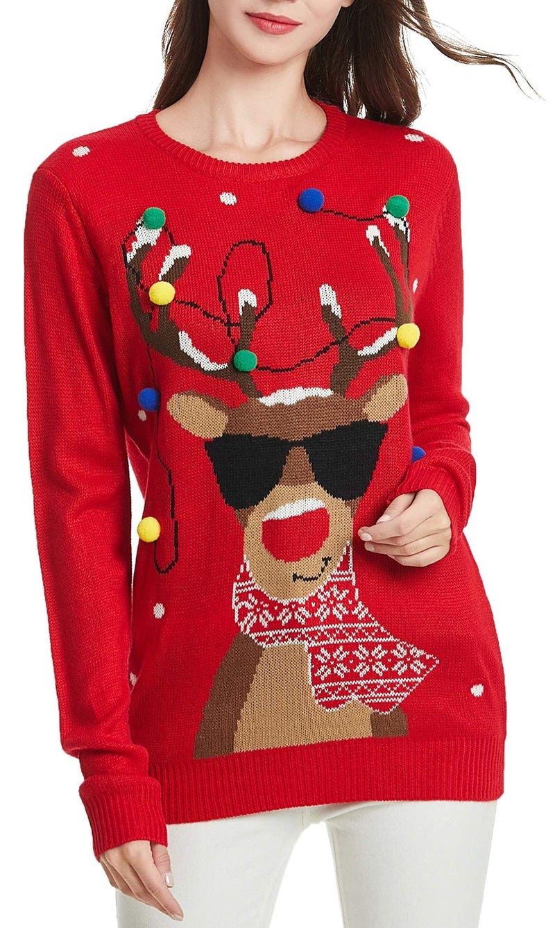 *daisysboutique* Women's Christmas Reindeer Rudolph Girl Sweater Knitted Holiday Pullover (X-Small, Lighting-smartdeer) - Image 1